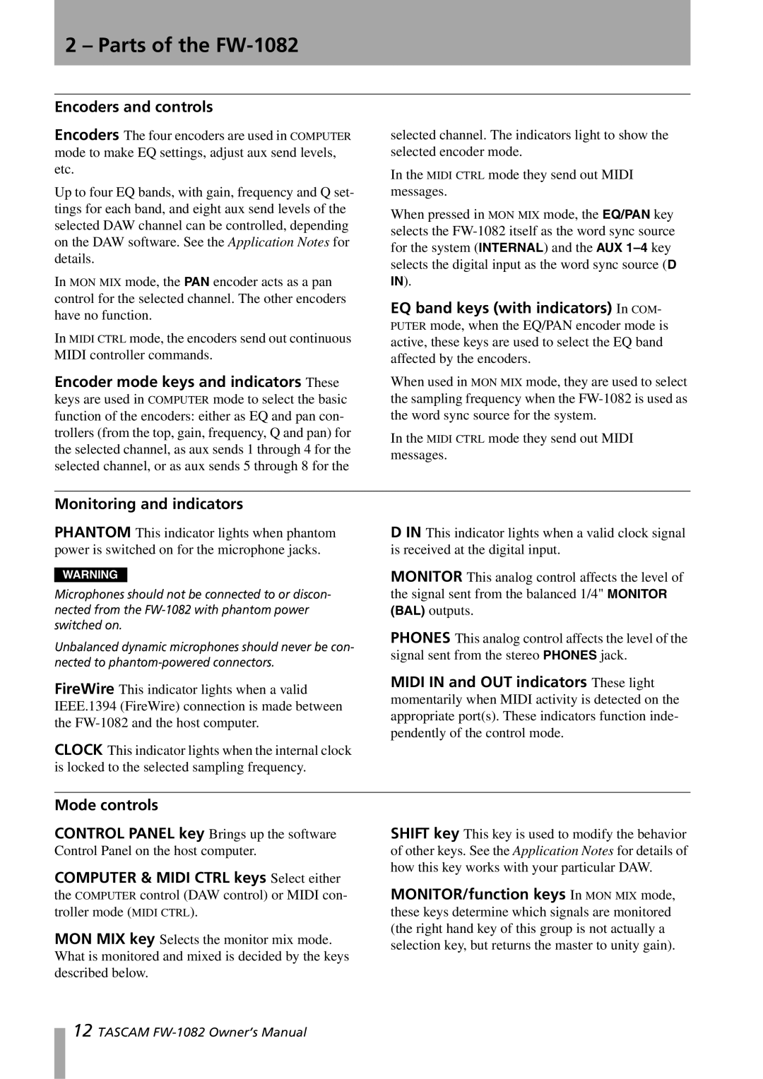 Tascam FW-1082 owner manual Encoders and controls, Monitoring and indicators, Mode controls 