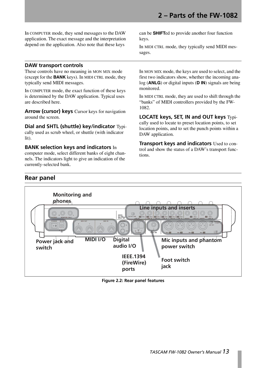 Tascam FW-1082 owner manual Rear panel, DAW transport controls, Monitoring Phones Line inputs and inserts Power jack 