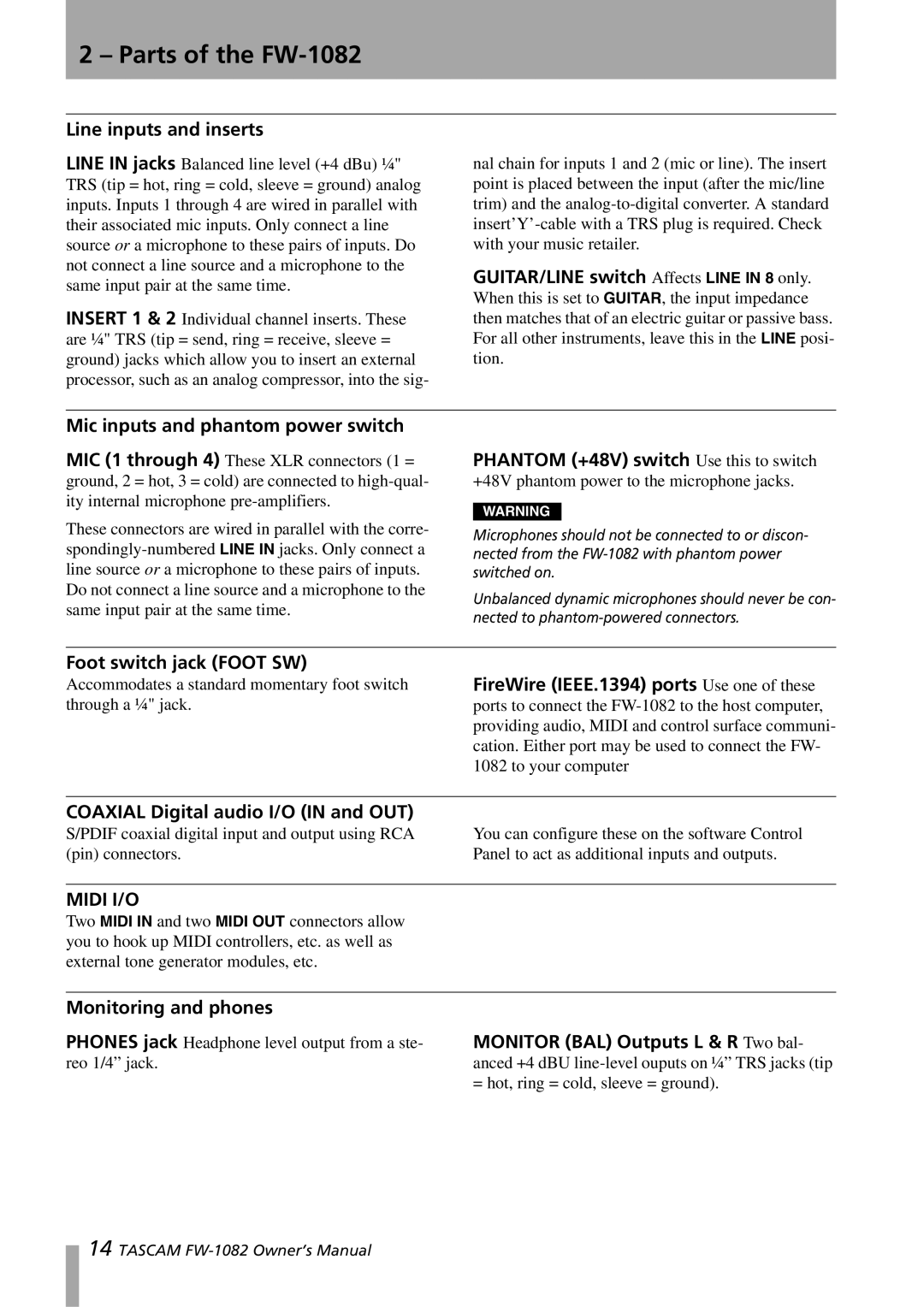 Tascam FW-1082 Mic inputs and phantom power switch, Foot switch jack Foot SW, Coaxial Digital audio I/O in and OUT 
