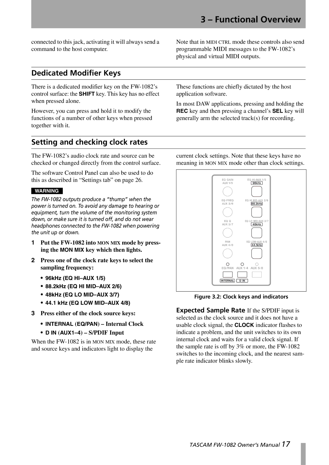 Tascam FW-1082 owner manual Dedicated Modifier Keys, Setting and checking clock rates 