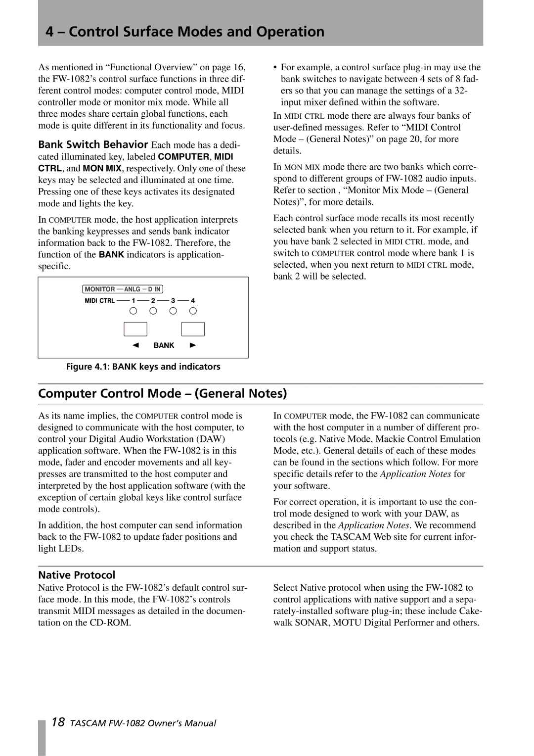 Tascam FW-1082 owner manual Control Surface Modes and Operation, Computer Control Mode General Notes, Native Protocol 