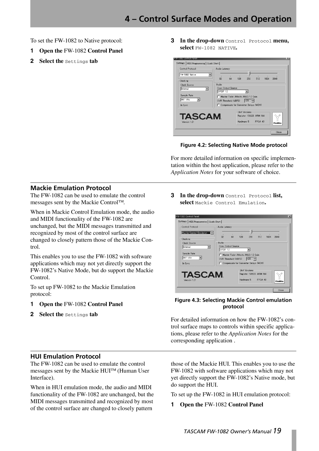 Tascam FW-1082 owner manual Mackie Emulation Protocol, HUI Emulation Protocol 