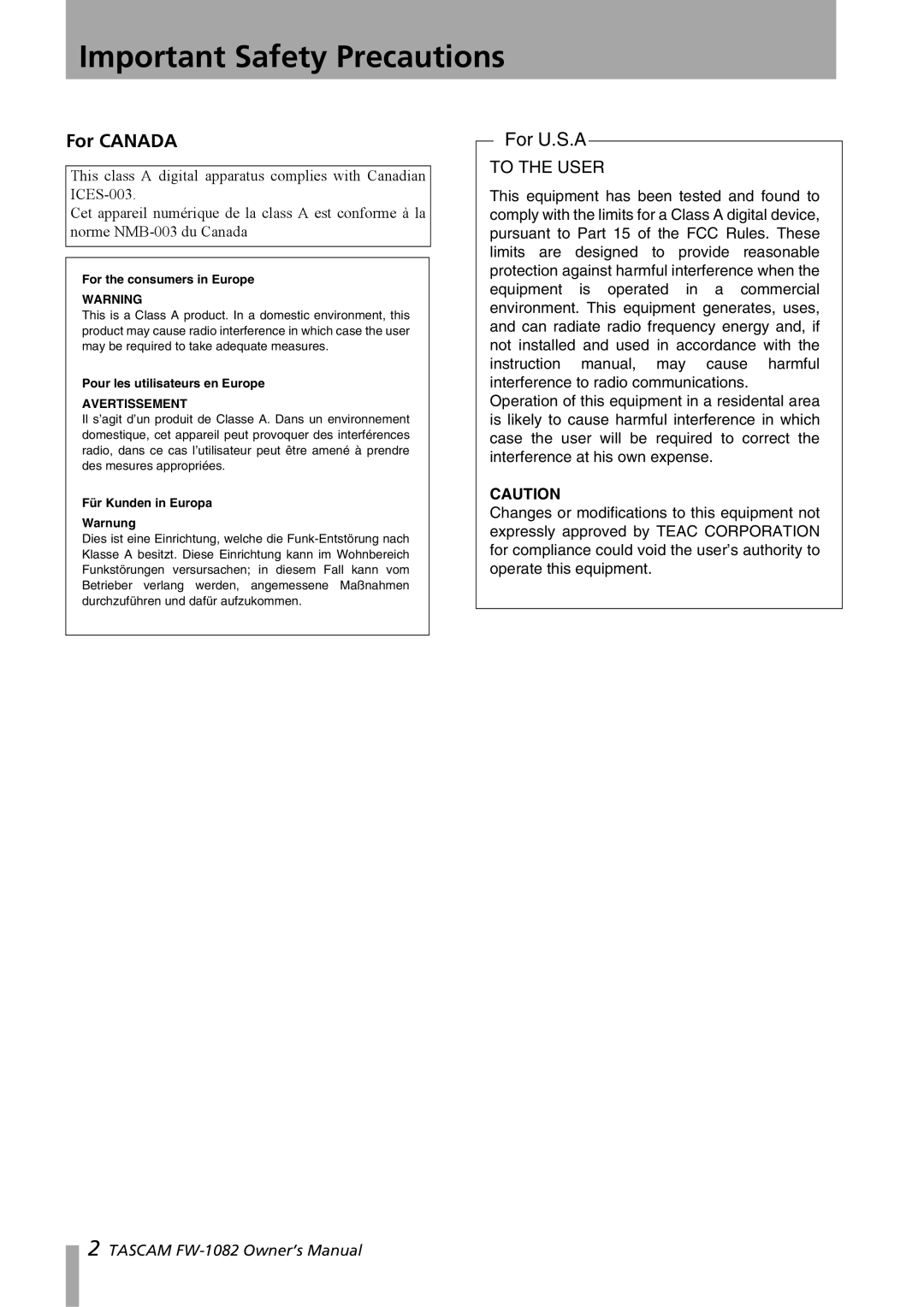 Tascam FW-1082 owner manual Important Safety Precautions, For Canada 