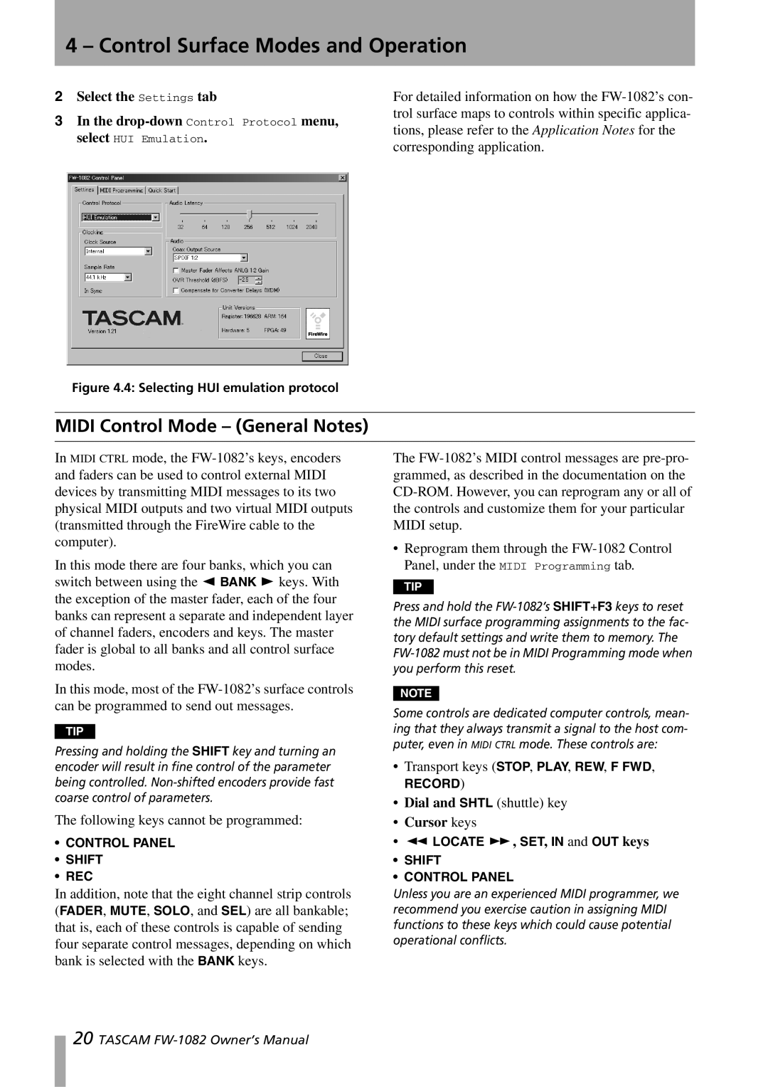 Tascam FW-1082 owner manual Midi Control Mode General Notes, Cursor keys 