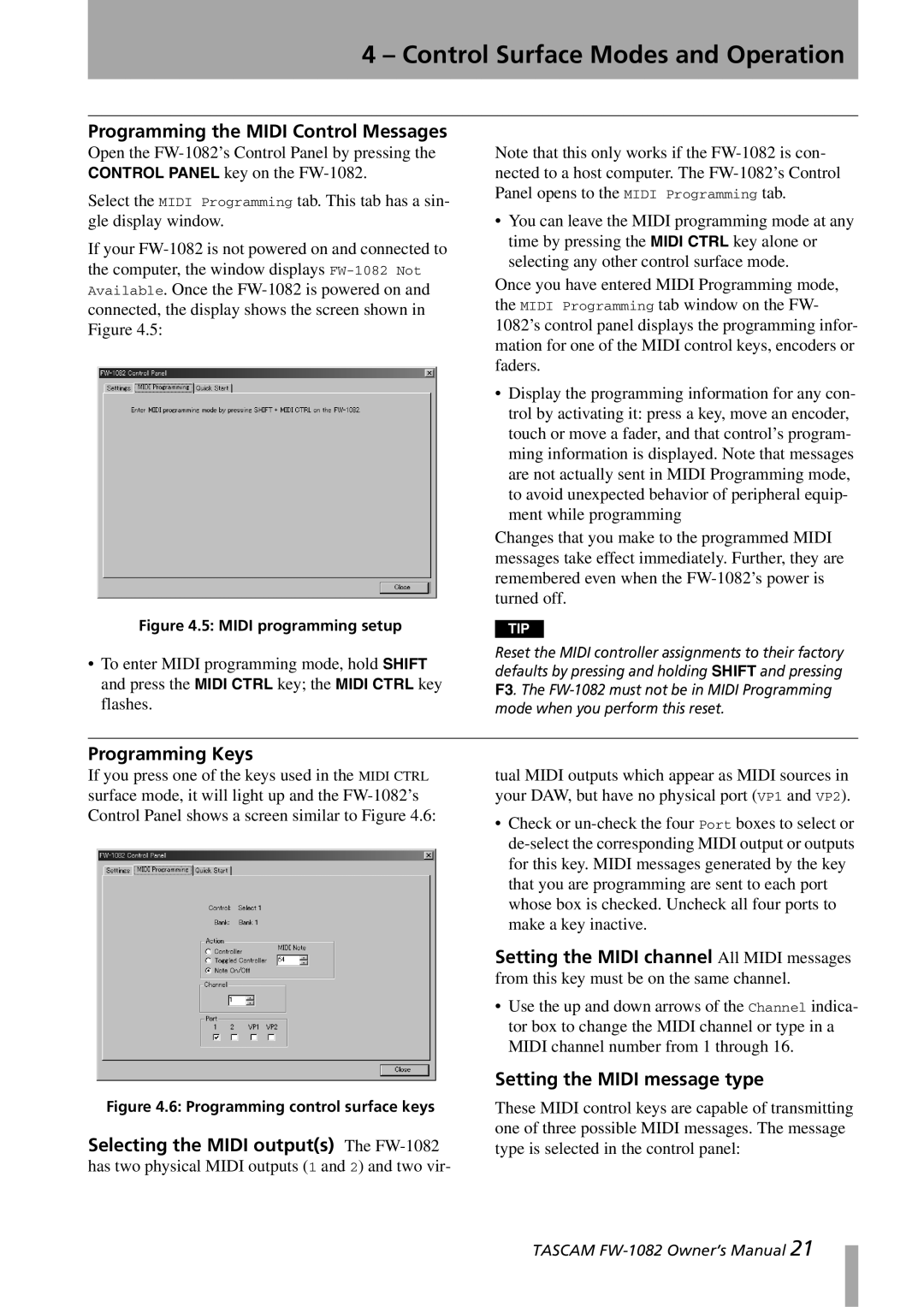 Tascam FW-1082 owner manual Programming the Midi Control Messages, Programming Keys, Setting the Midi message type 