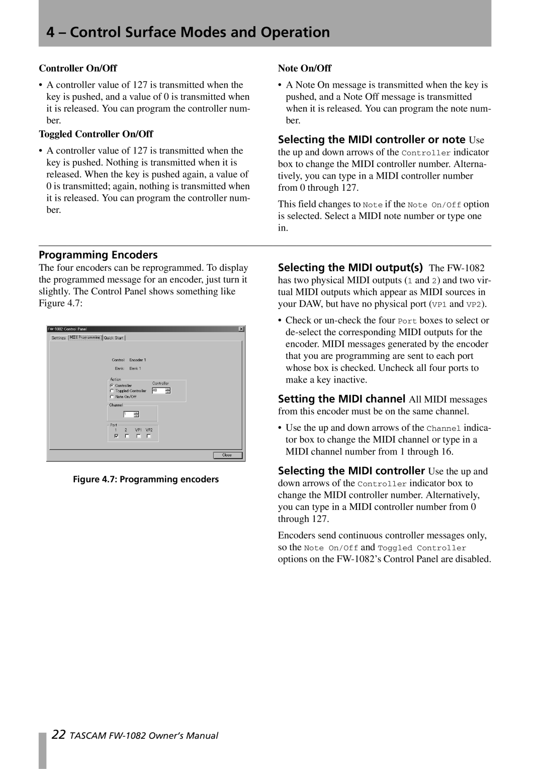 Tascam FW-1082 owner manual Programming Encoders, Controller On/Off 