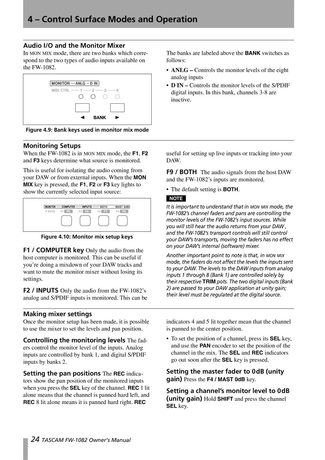 Tascam FW-1082 owner manual Audio I/O and the Monitor Mixer, Monitoring Setups, Making mixer settings 