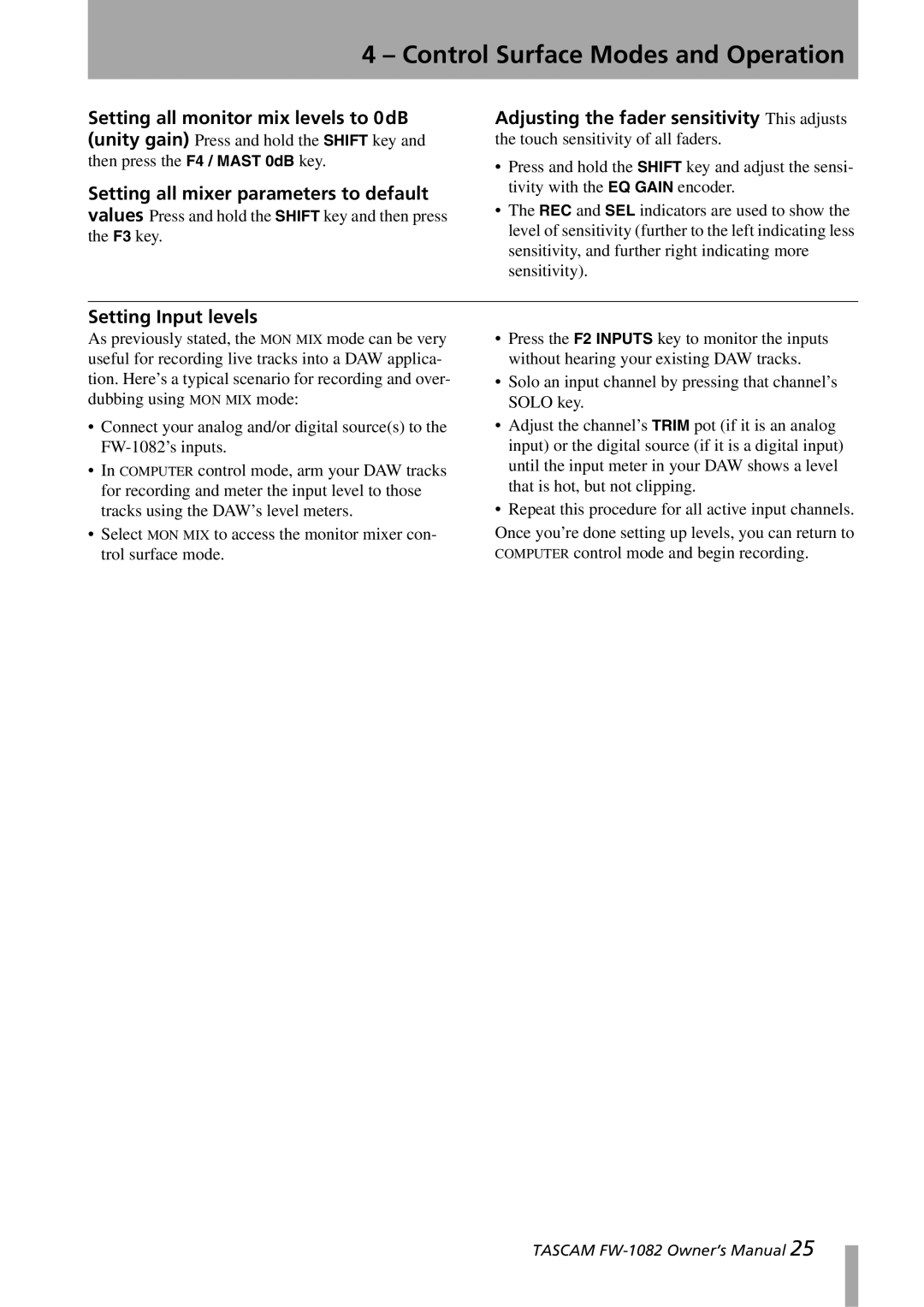 Tascam FW-1082 owner manual Setting Input levels 