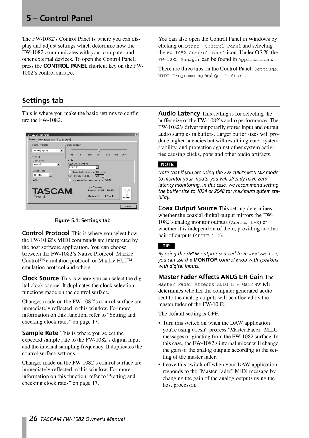 Tascam FW-1082 owner manual Control Panel, Settings tab, Master Fader Affects Anlg LR Gain 