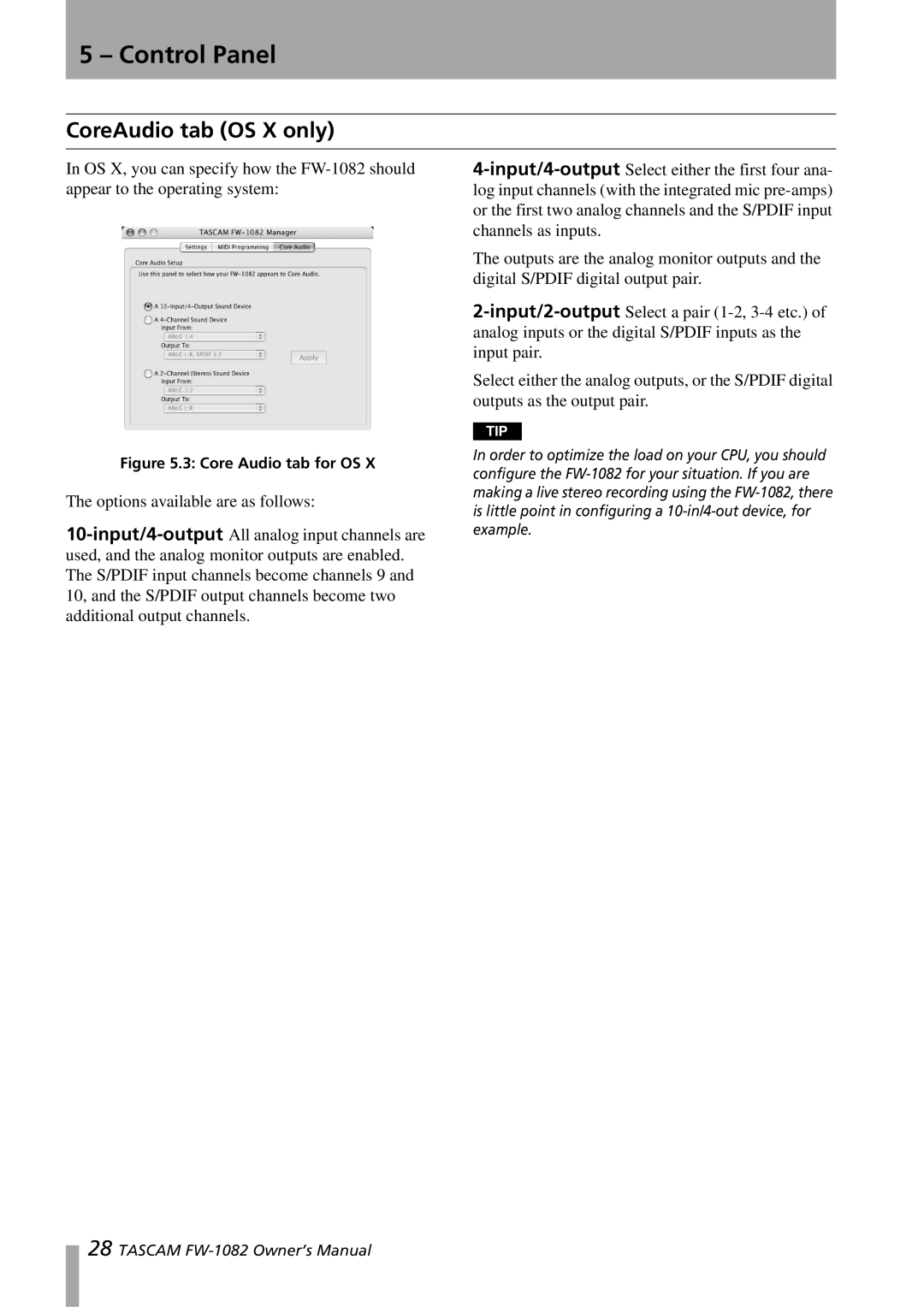 Tascam FW-1082 owner manual CoreAudio tab OS X only, Core Audio tab for OS 