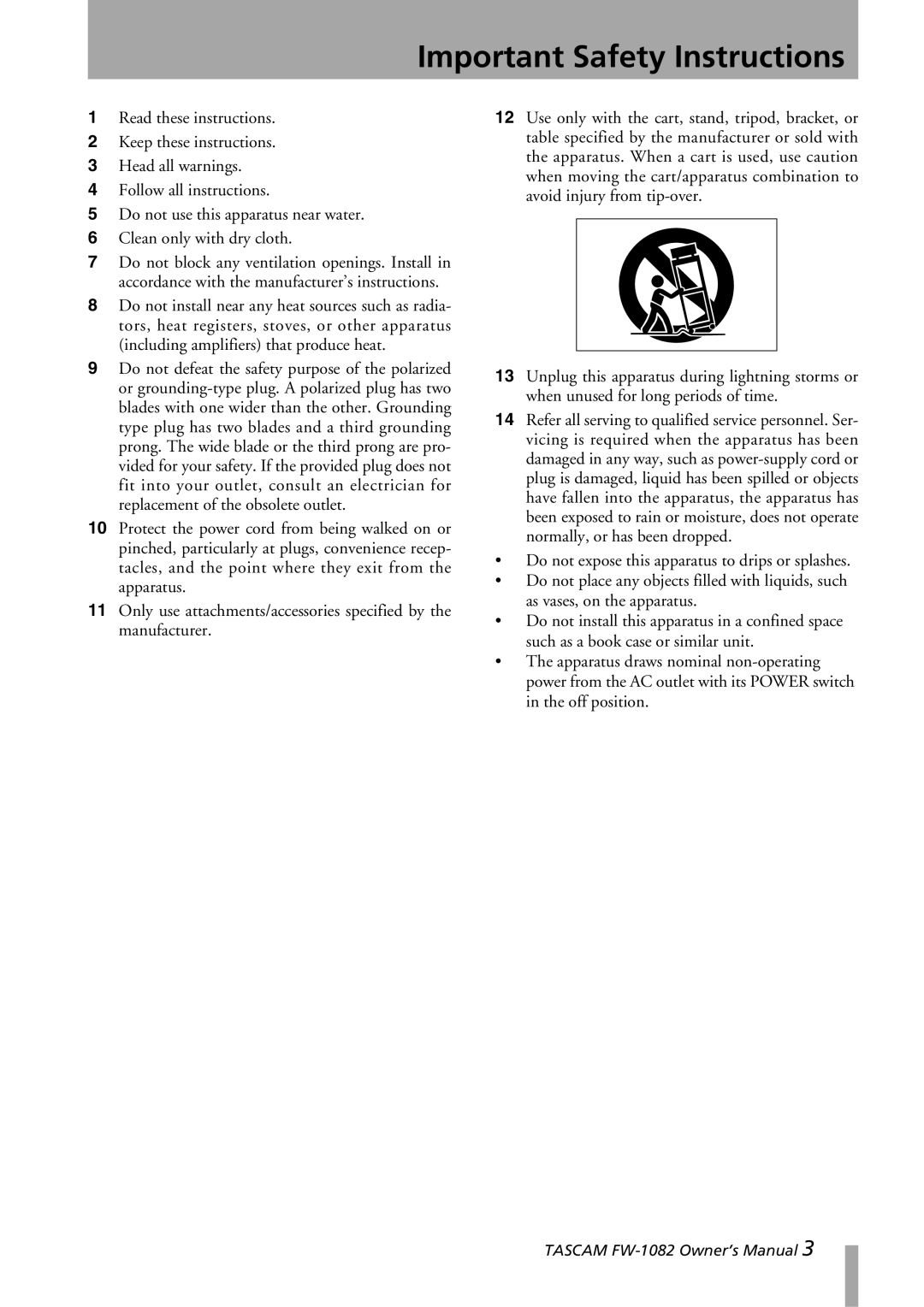 Tascam FW-1082 owner manual Important Safety Instructions 