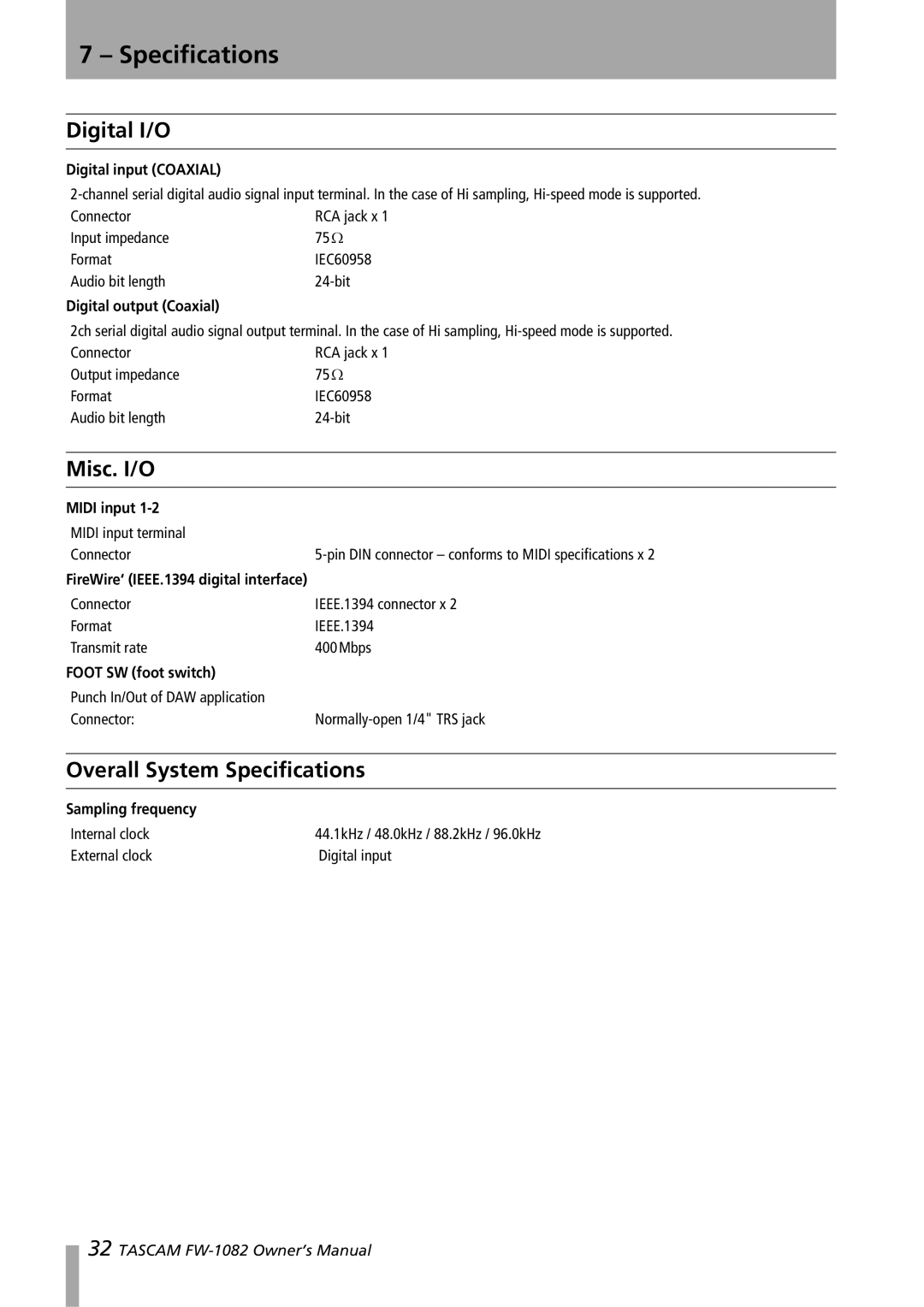 Tascam FW-1082 owner manual Digital I/O, Misc. I/O, Overall System Specifications 