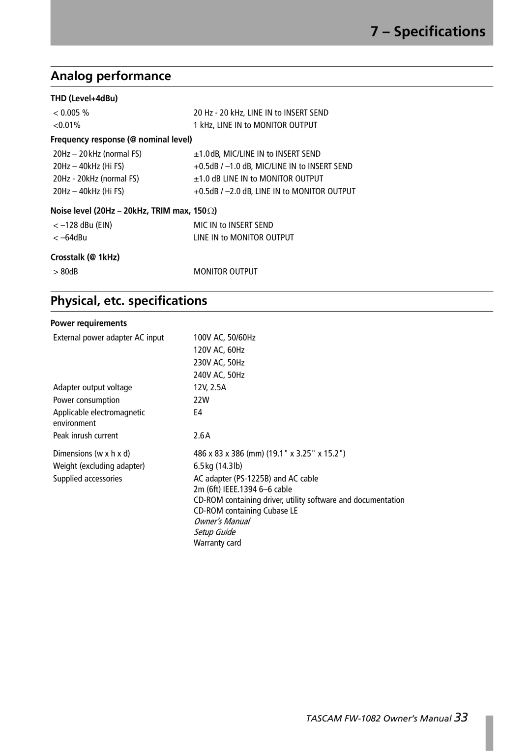 Tascam FW-1082 owner manual Analog performance, Physical, etc. specifications 