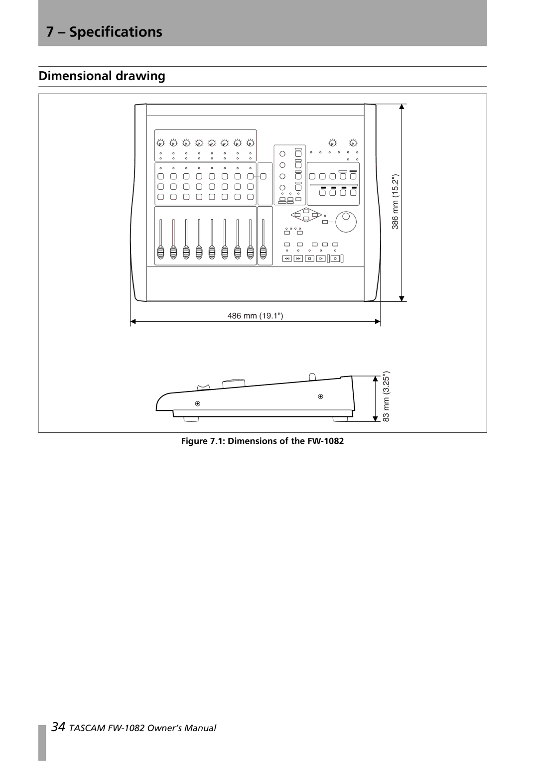 Tascam owner manual Dimensional drawing, Dimensions of the FW-1082 