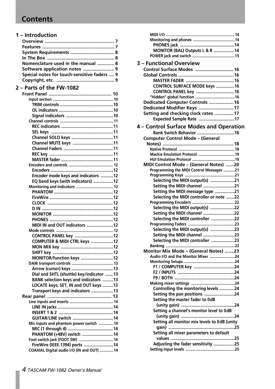 Tascam FW-1082 owner manual Contents 