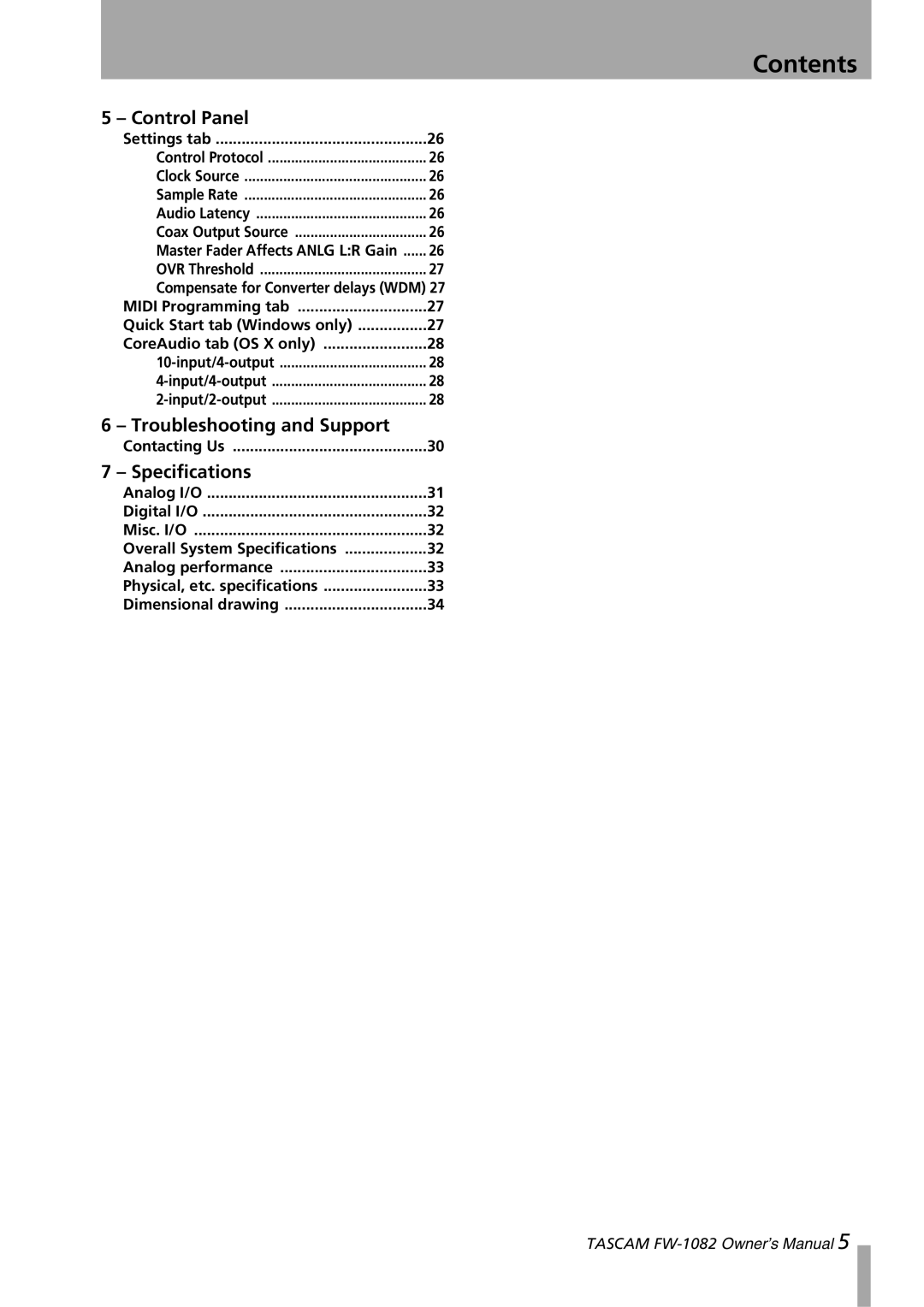 Tascam FW-1082 owner manual Control Panel, Troubleshooting and Support, Specifications 