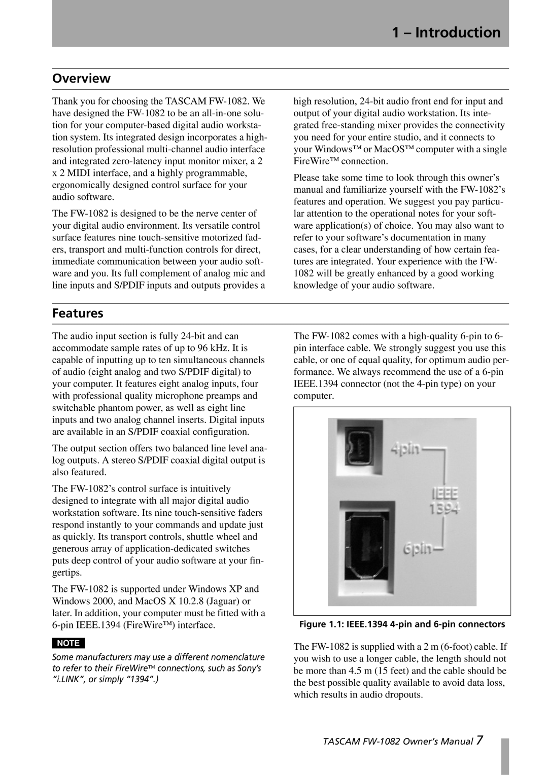 Tascam FW-1082 owner manual Introduction, Overview, Features 