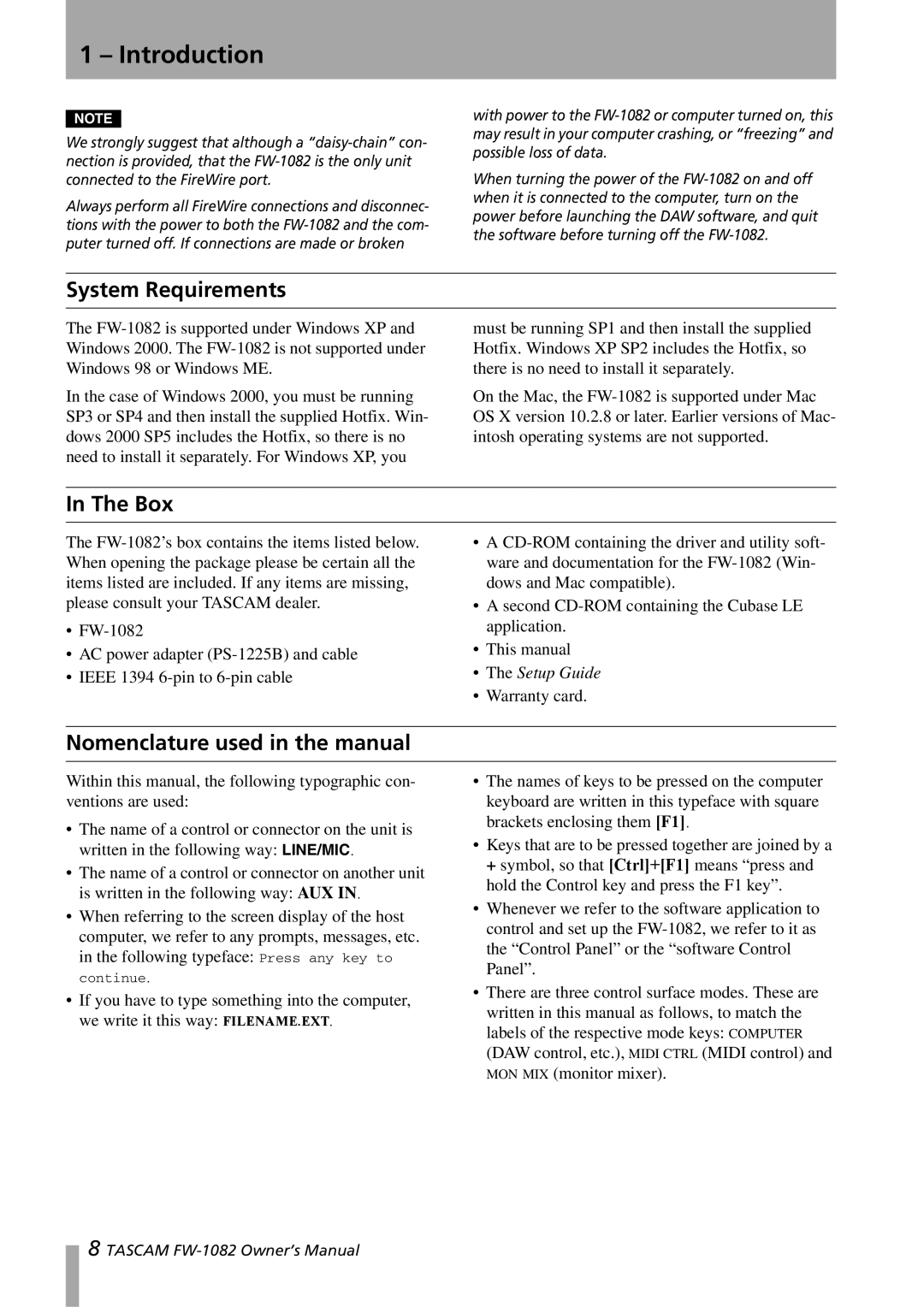 Tascam FW-1082 owner manual System Requirements, Box, Nomenclature used in the manual 