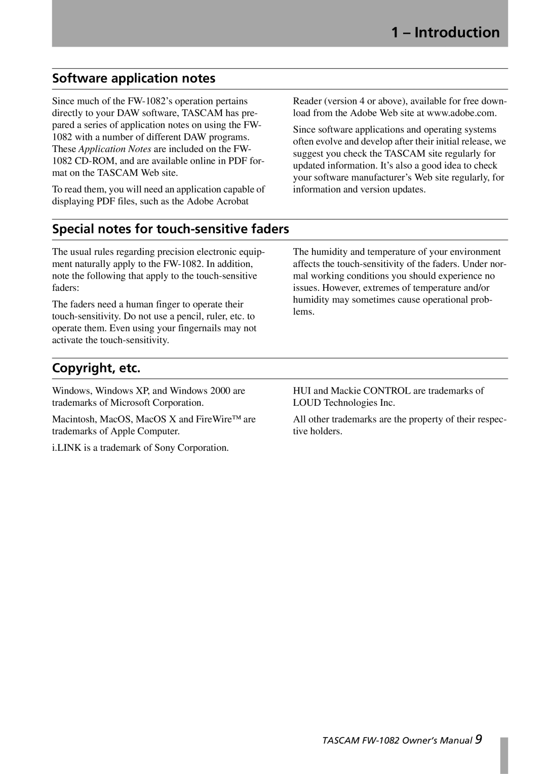 Tascam FW-1082 owner manual Software application notes, Special notes for touch-sensitive faders, Copyright, etc 