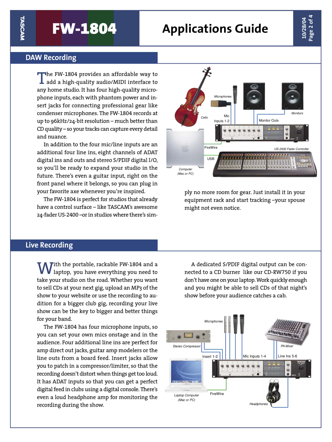 Tascam FW-1804 manual DAW Recording, Live Recording 