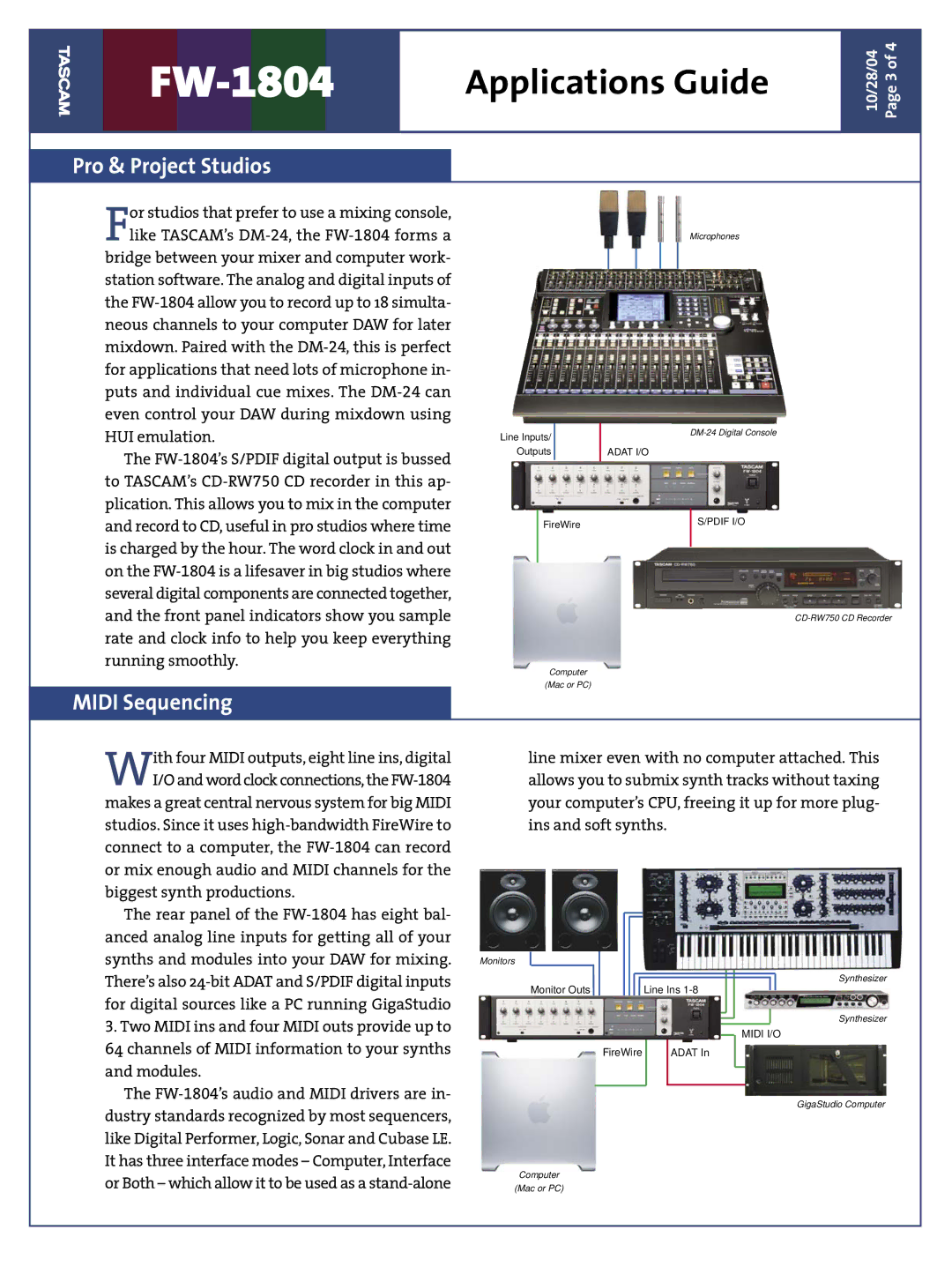 Tascam FW-1804 manual Pro & Project Studios, Midi Sequencing 