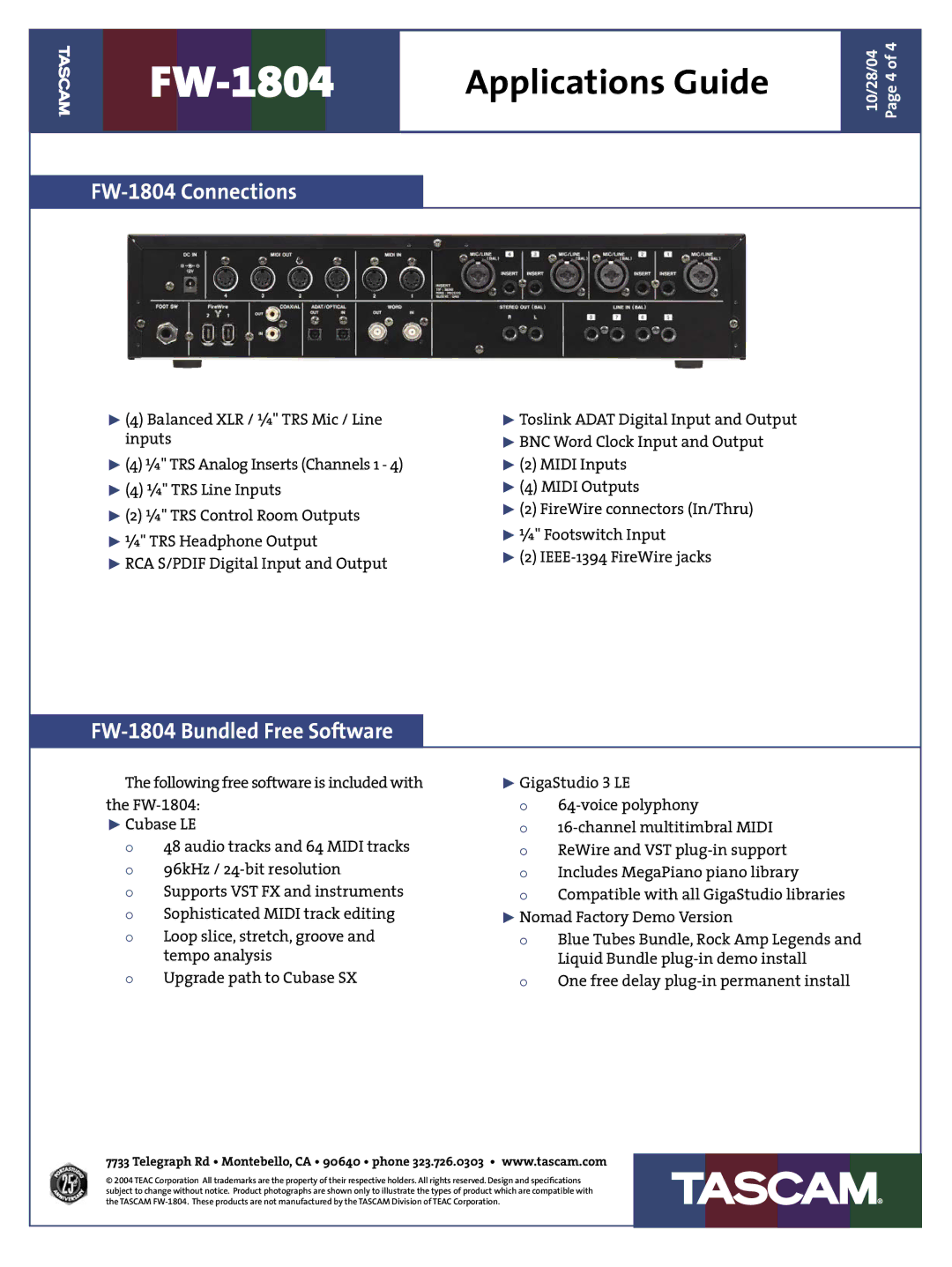 Tascam manual FW-1804 Connections, FW-1804 Bundled Free Software 