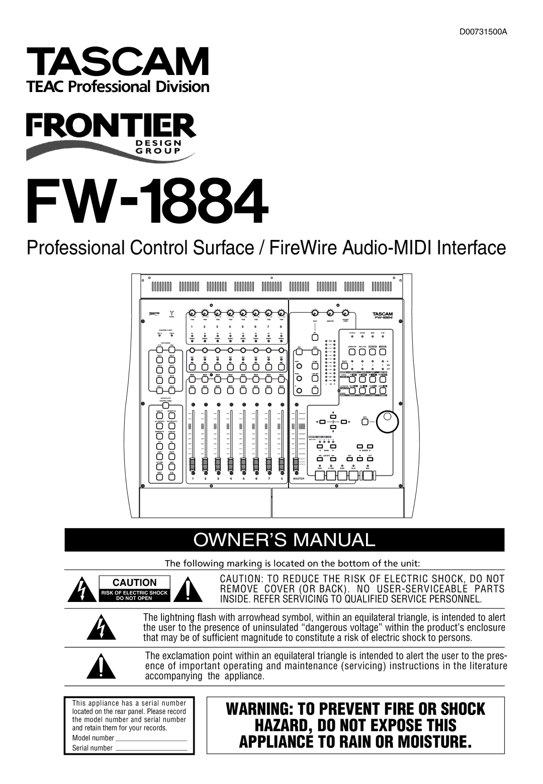 Tascam FW-1884 owner manual Professional Control Surface / FireWire Audio-MIDI Interface 