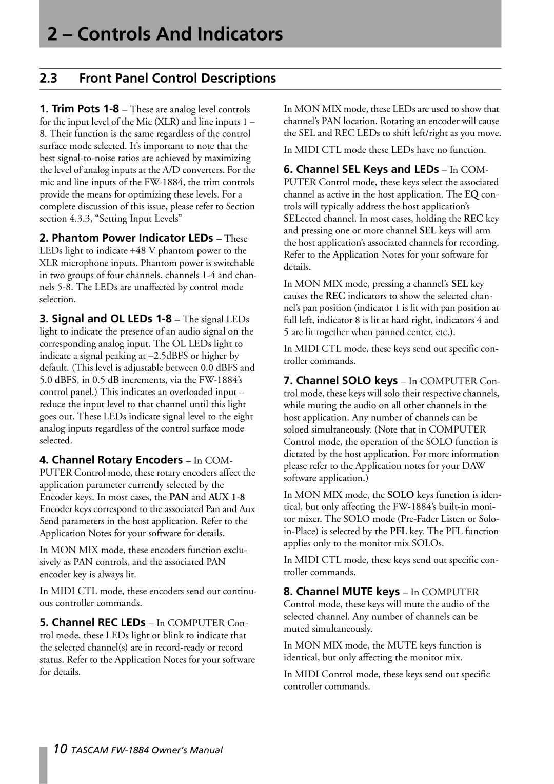 Tascam FW-1884 owner manual Front Panel Control Descriptions 