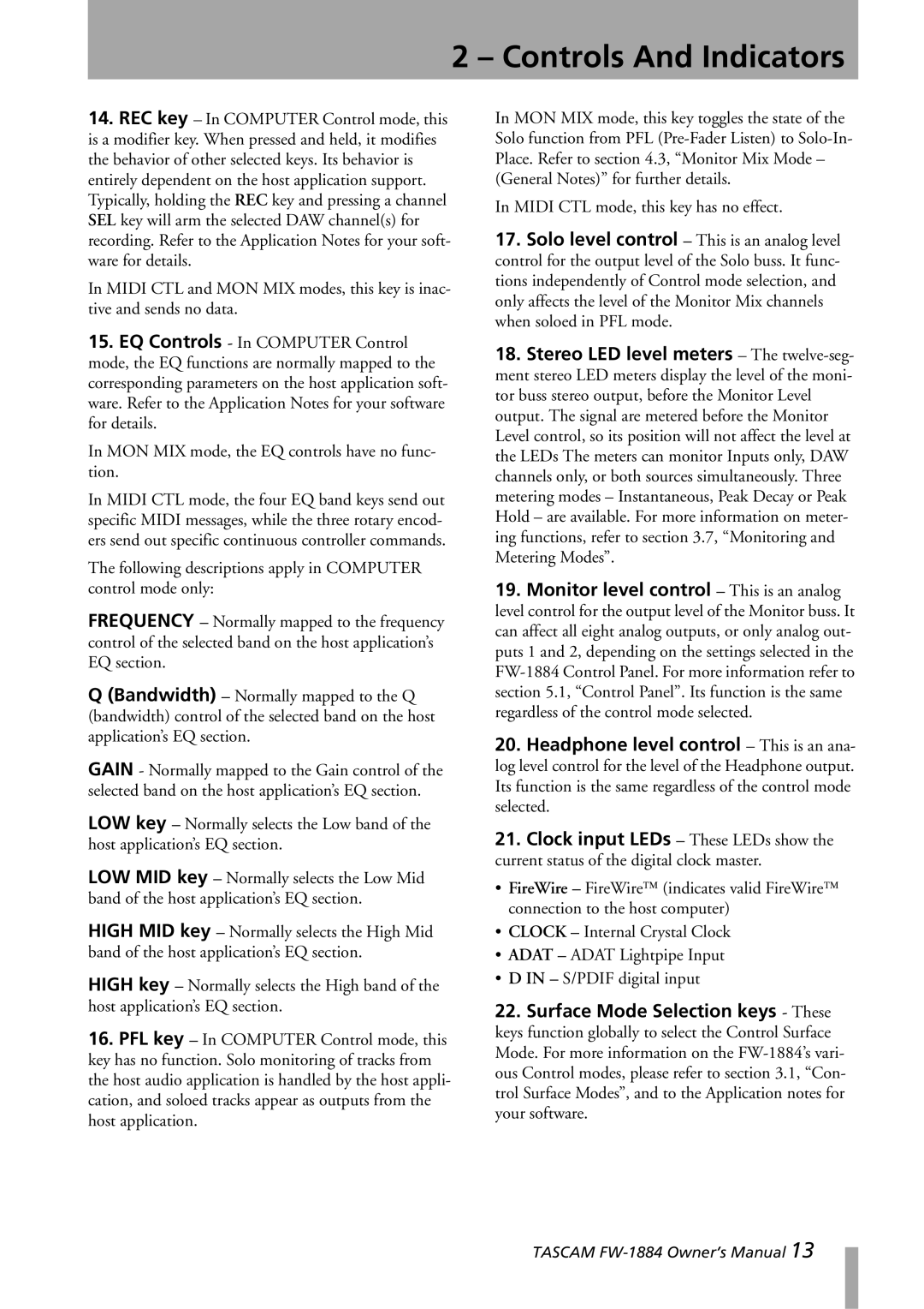 Tascam FW-1884 owner manual Controls And Indicators 