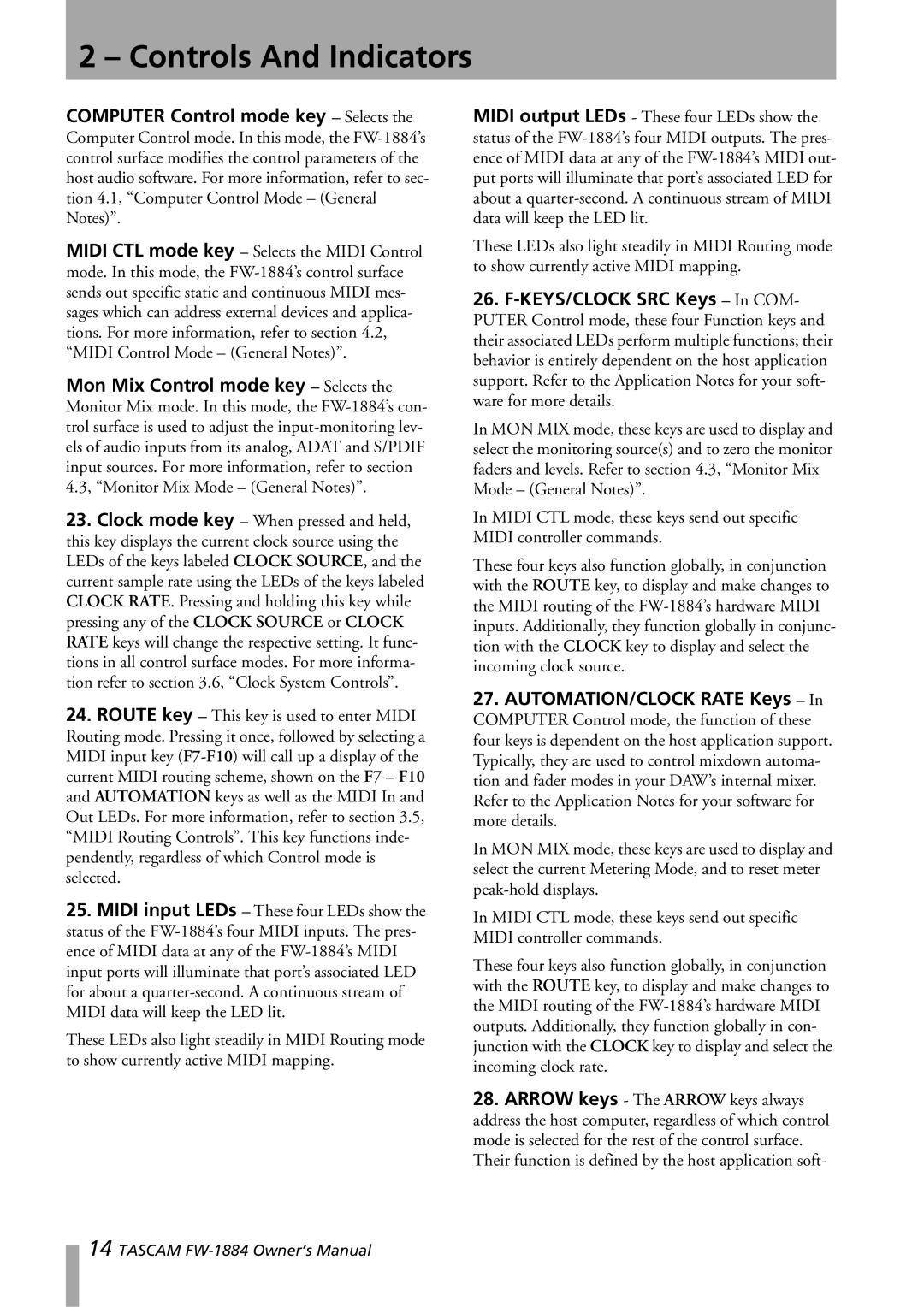 Tascam FW-1884 owner manual Controls And Indicators 