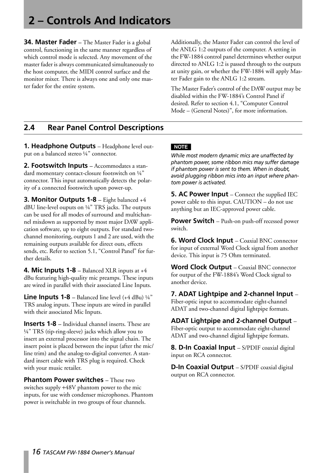 Tascam FW-1884 owner manual Rear Panel Control Descriptions, Adat Lightpipe and 2-channel Input 