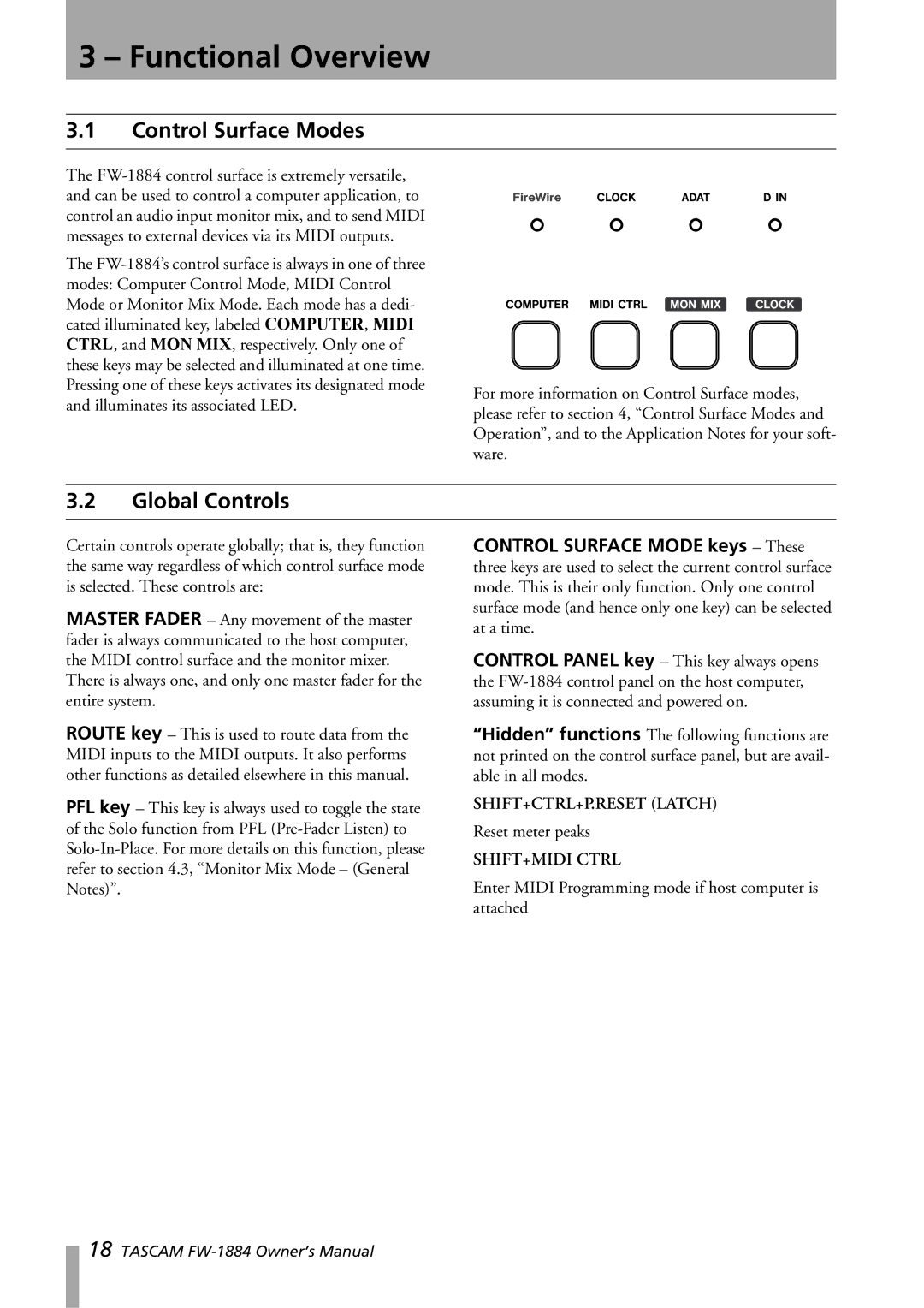 Tascam FW-1884 owner manual Functional Overview, Control Surface Modes, Global Controls 