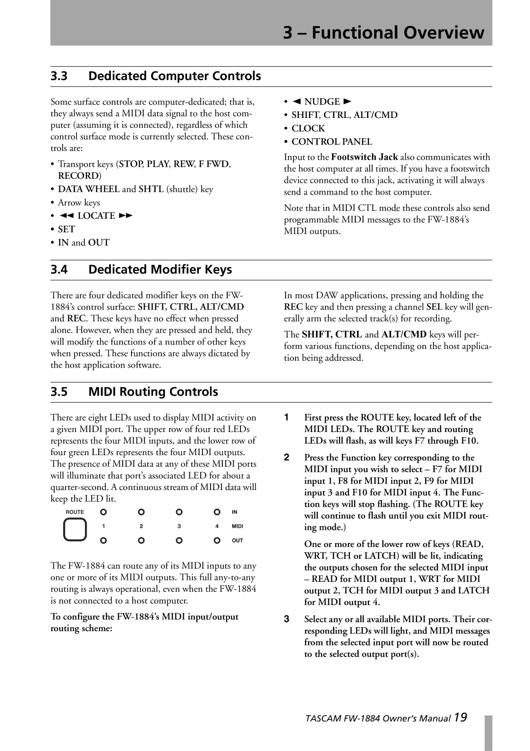 Tascam FW-1884 owner manual Dedicated Computer Controls, Dedicated Modifier Keys, Midi Routing Controls 