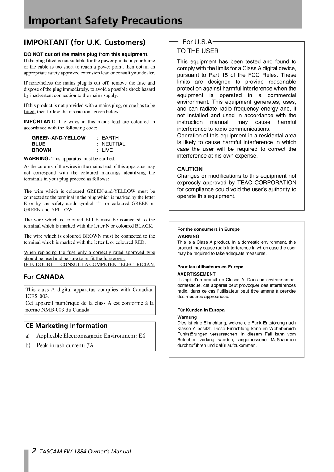 Tascam FW-1884 Important Safety Precautions, Important for U.K. Customers, For Canada, CE Marketing Information 