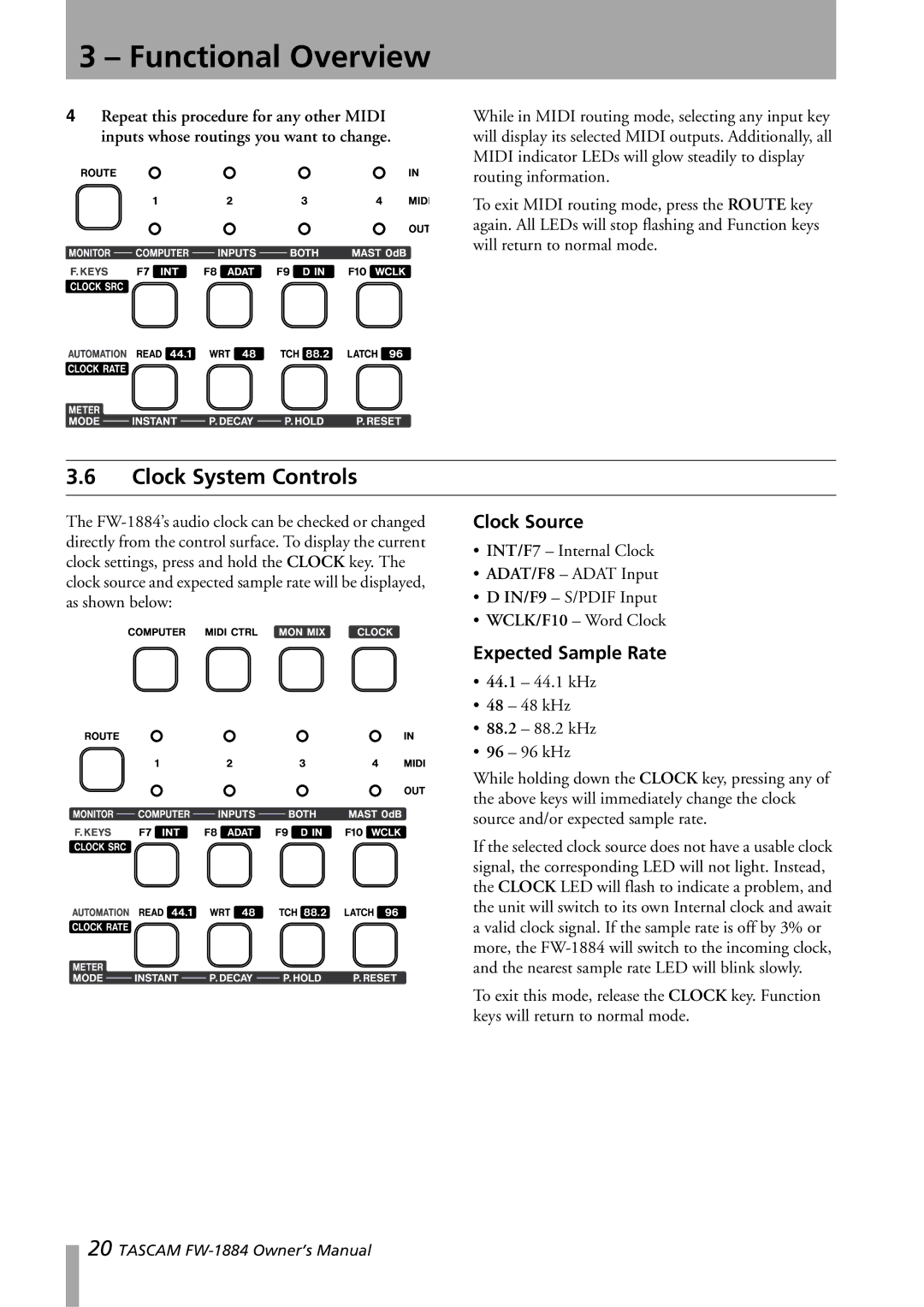 Tascam FW-1884 owner manual Clock System Controls, Clock Source, Expected Sample Rate 