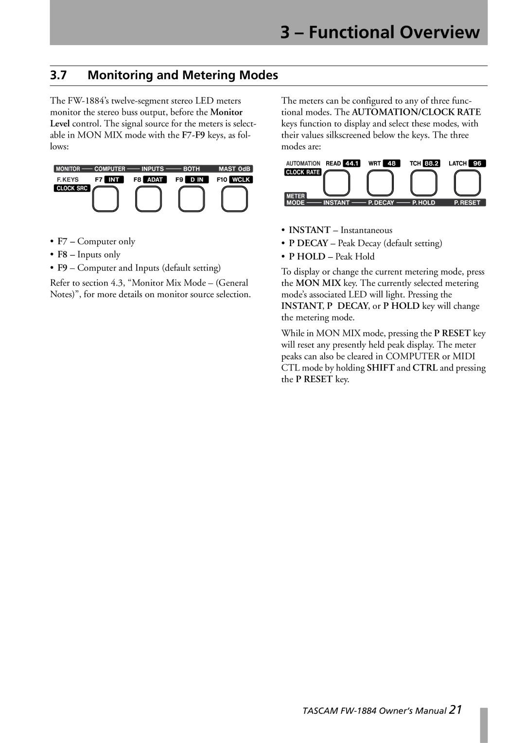 Tascam FW-1884 owner manual Monitoring and Metering Modes, Hold Peak Hold 