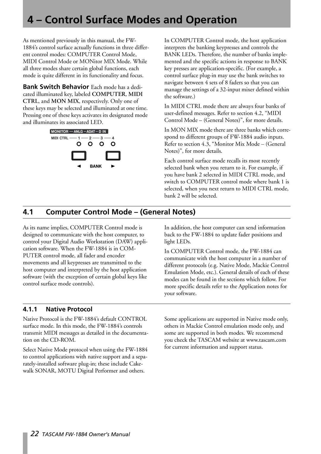 Tascam FW-1884 owner manual Control Surface Modes and Operation, Computer Control Mode General Notes, Native Protocol 