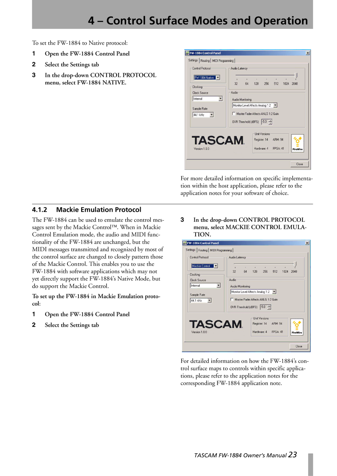 Tascam owner manual Mackie Emulation Protocol, Open the FW-1884 Control Panel Select the Settings tab 