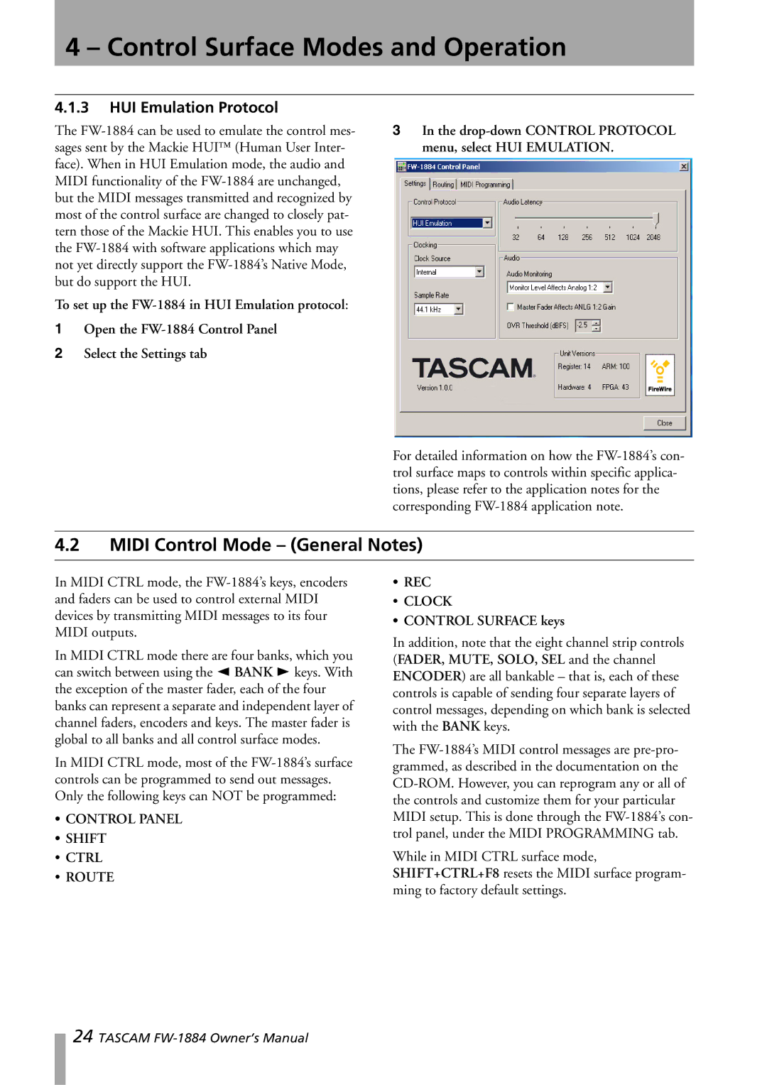 Tascam FW-1884 owner manual Midi Control Mode General Notes, HUI Emulation Protocol 