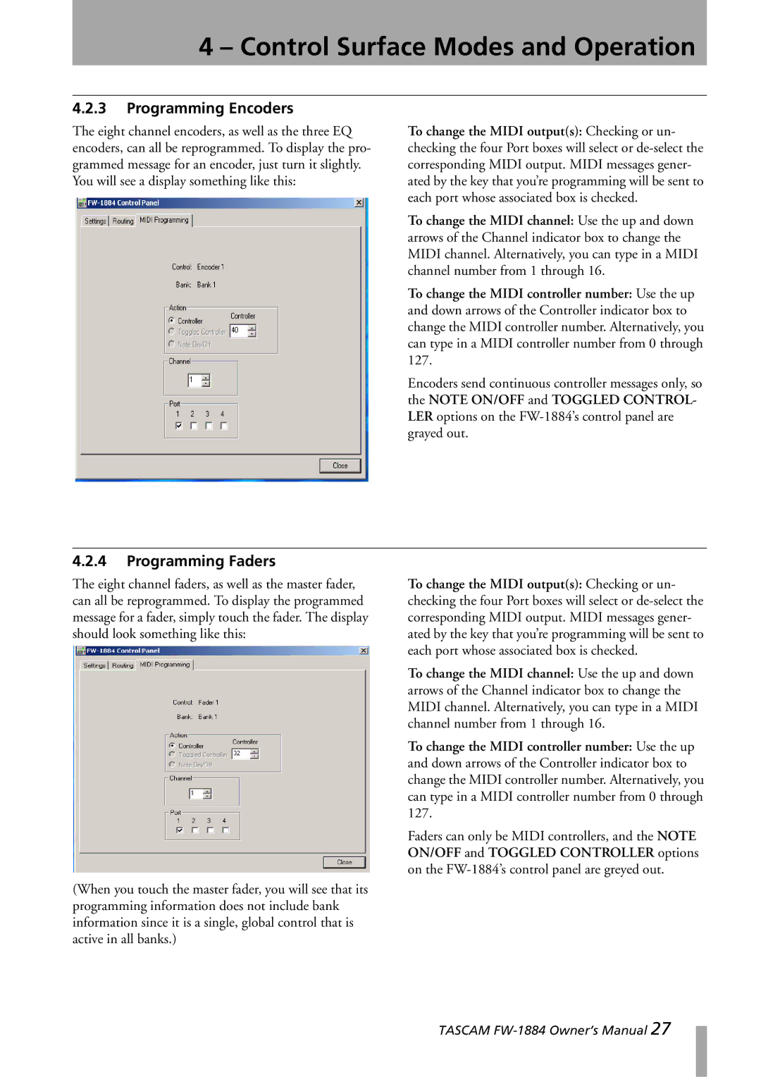 Tascam FW-1884 owner manual Programming Encoders, Programming Faders 