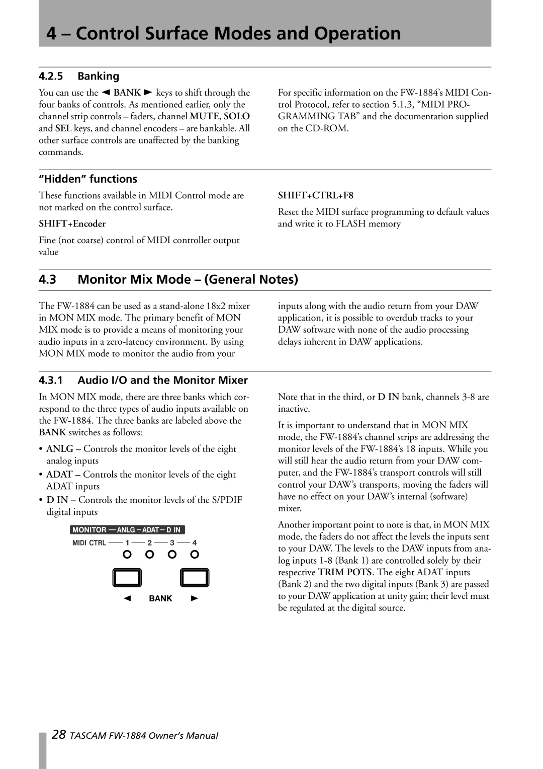 Tascam FW-1884 owner manual Monitor Mix Mode General Notes, Banking, Hidden functions, Audio I/O and the Monitor Mixer 