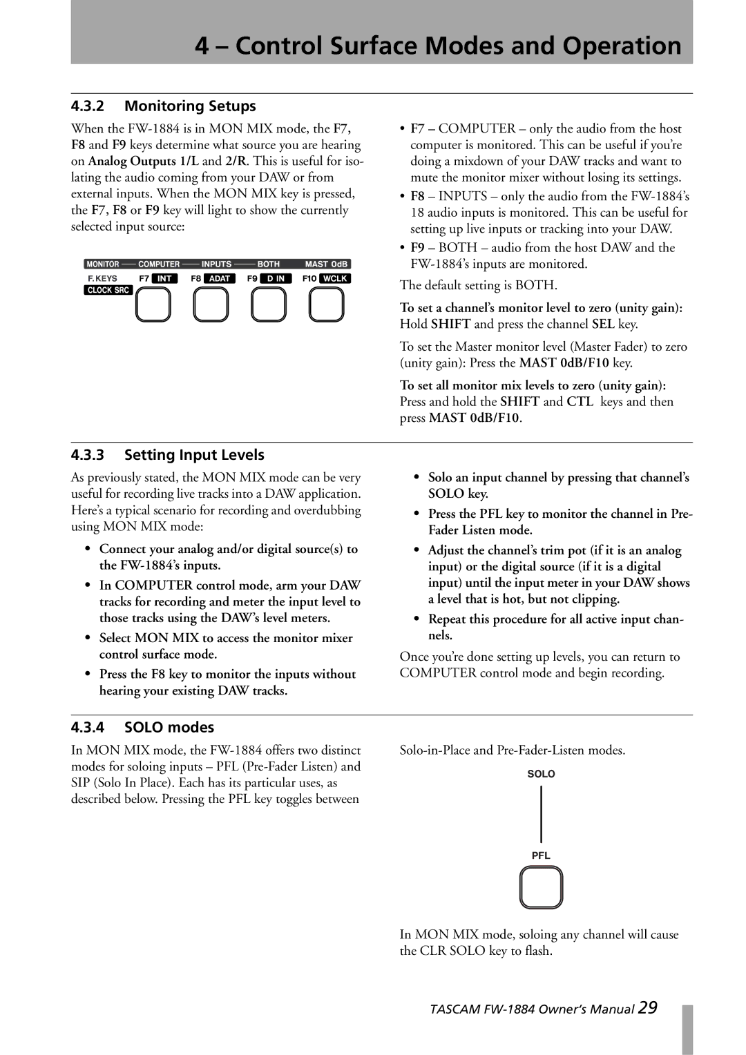 Tascam FW-1884 owner manual Monitoring Setups, Setting Input Levels, Solo modes 