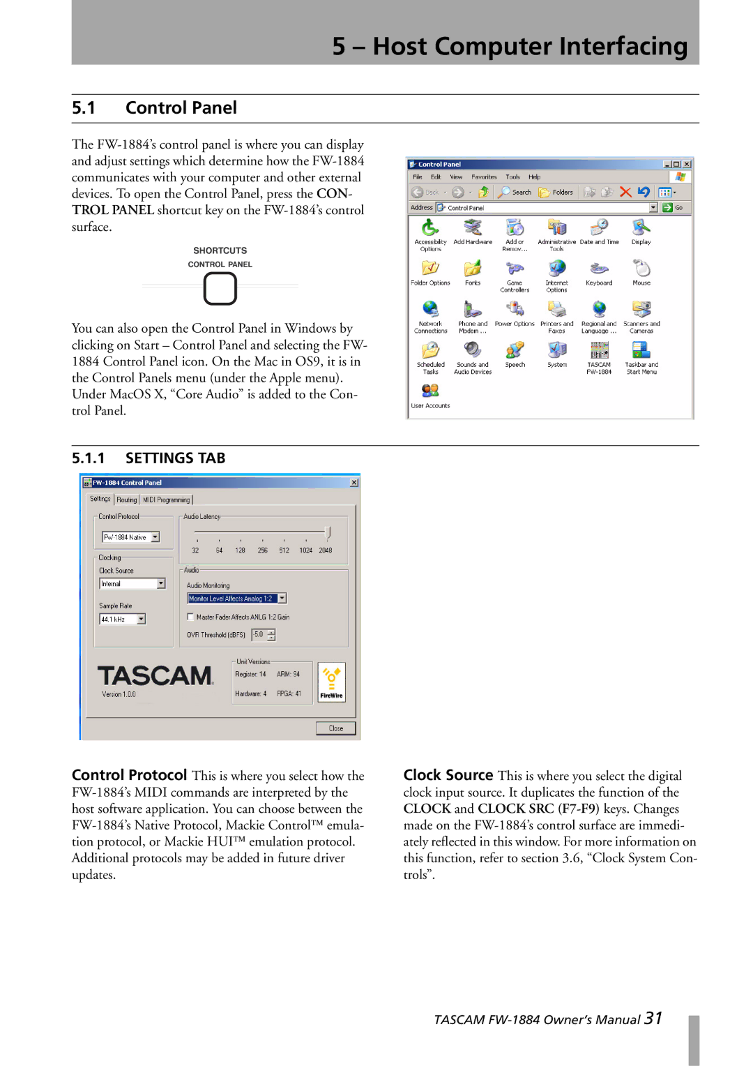 Tascam FW-1884 owner manual Host Computer Interfacing, Control Panel 