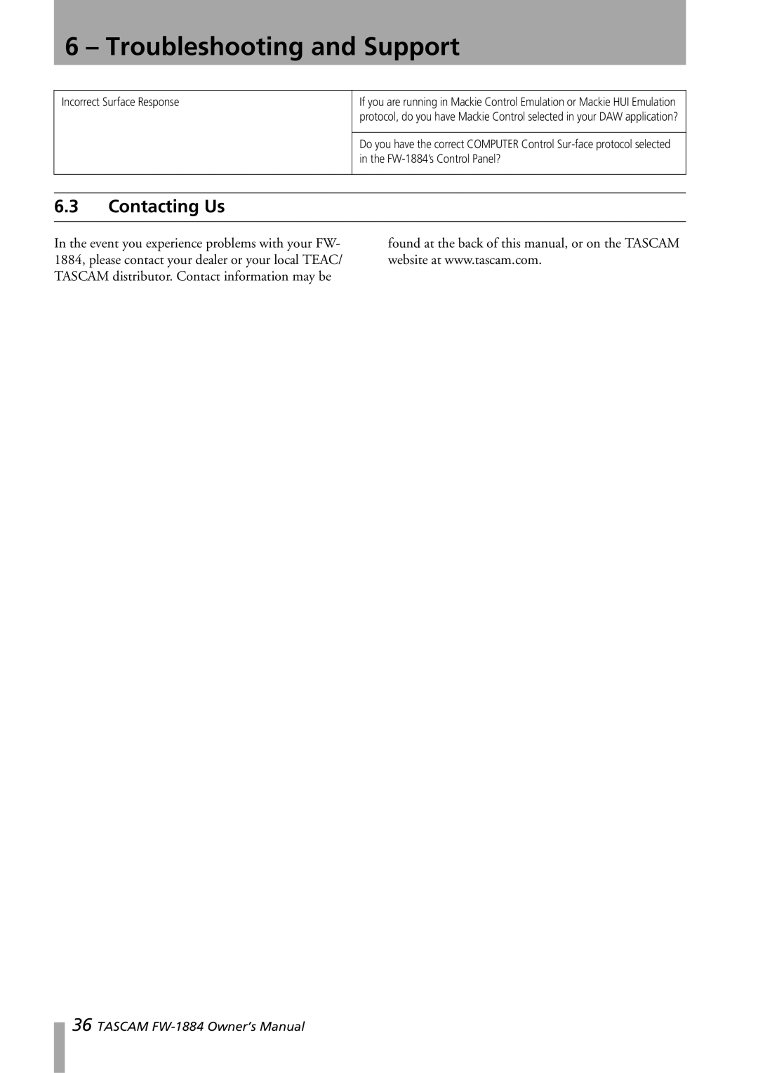 Tascam FW-1884 owner manual Contacting Us, Incorrect Surface Response 