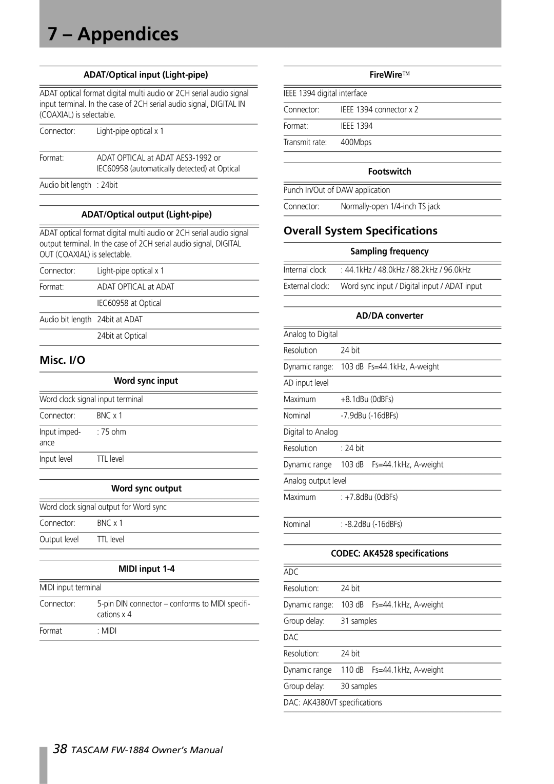 Tascam FW-1884 owner manual Misc. I/O, Overall System Specifications 