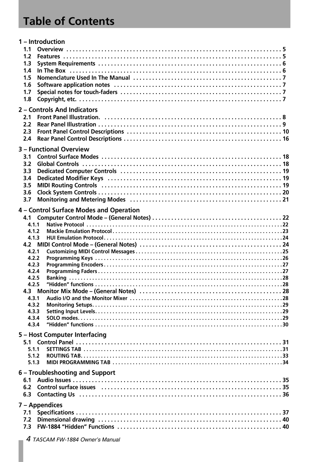 Tascam FW-1884 owner manual Table of Contents 