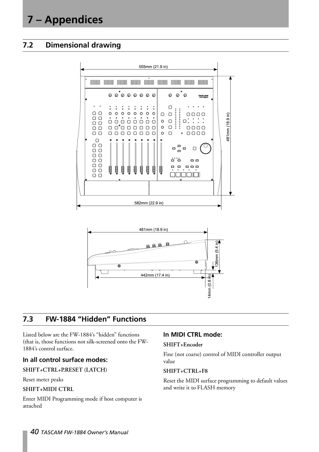 Tascam owner manual Dimensional drawing FW-1884 Hidden Functions, All control surface modes, Midi Ctrl mode 