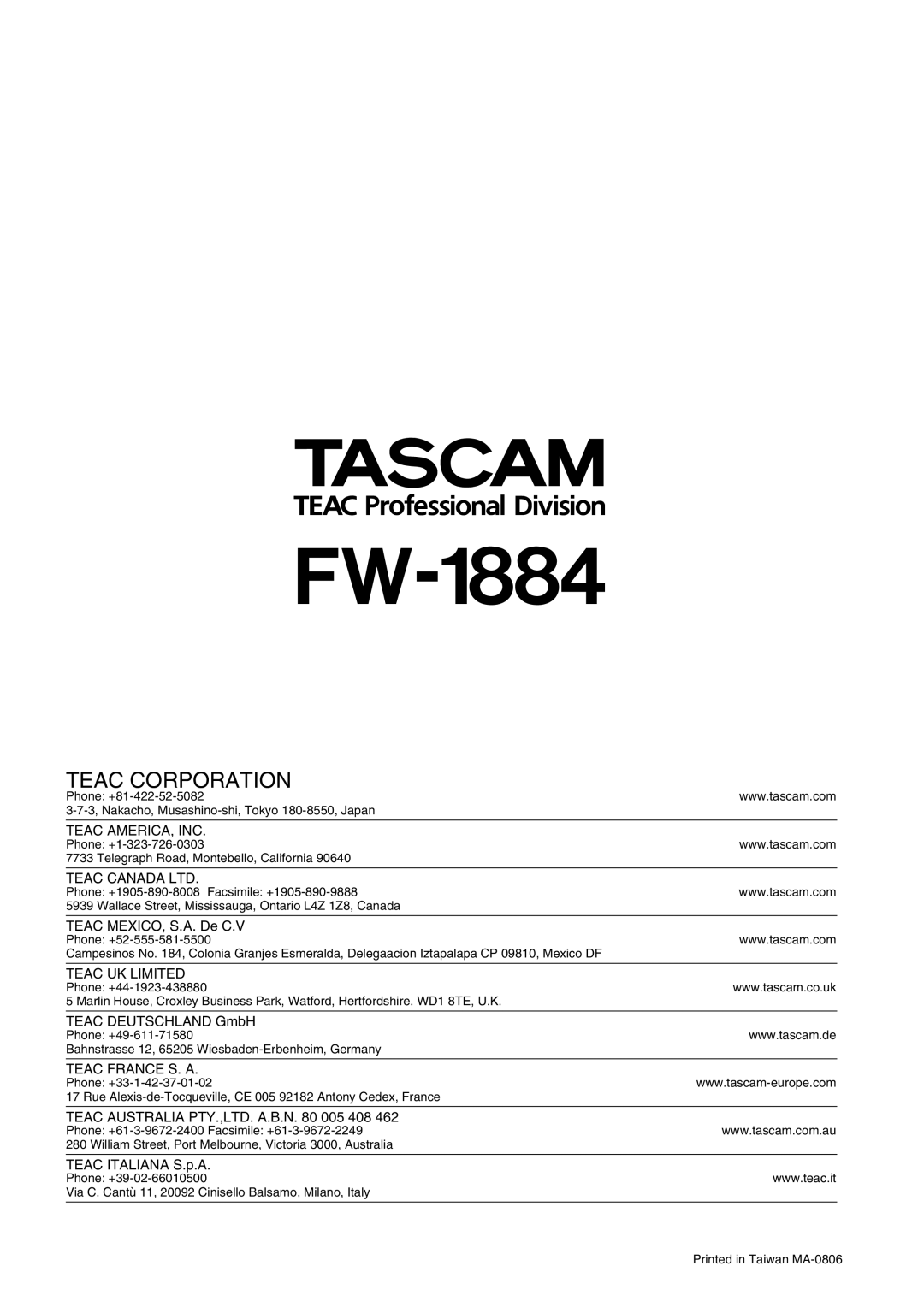 Tascam FW-1884 owner manual 