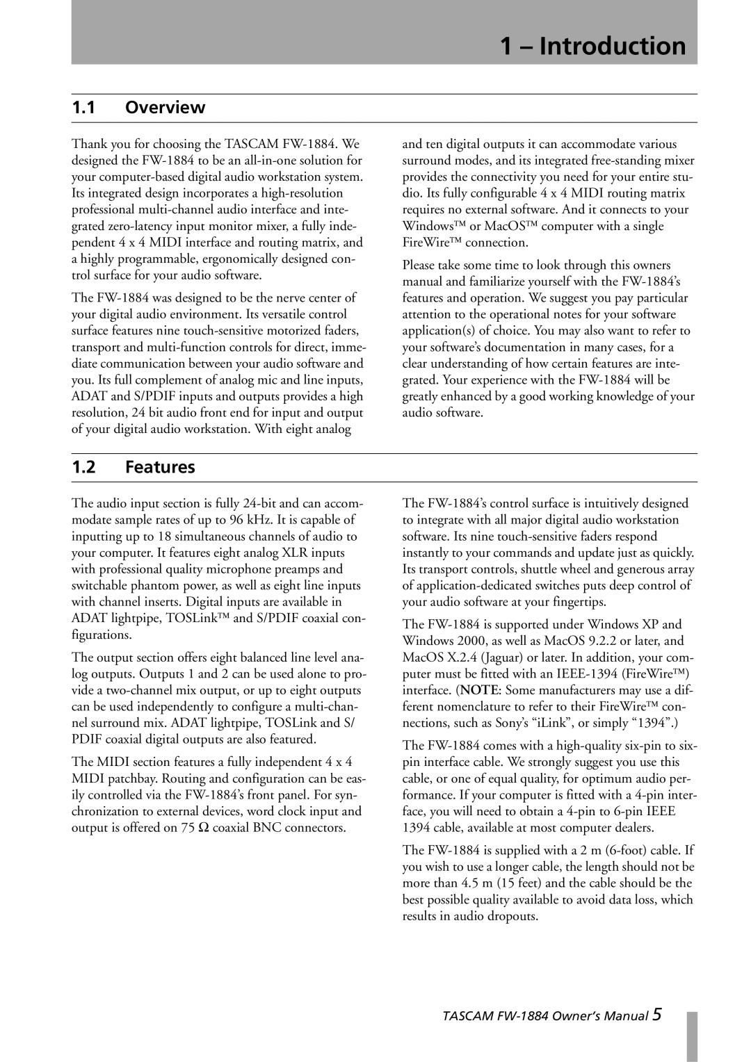 Tascam FW-1884 owner manual Introduction, Overview, Features 