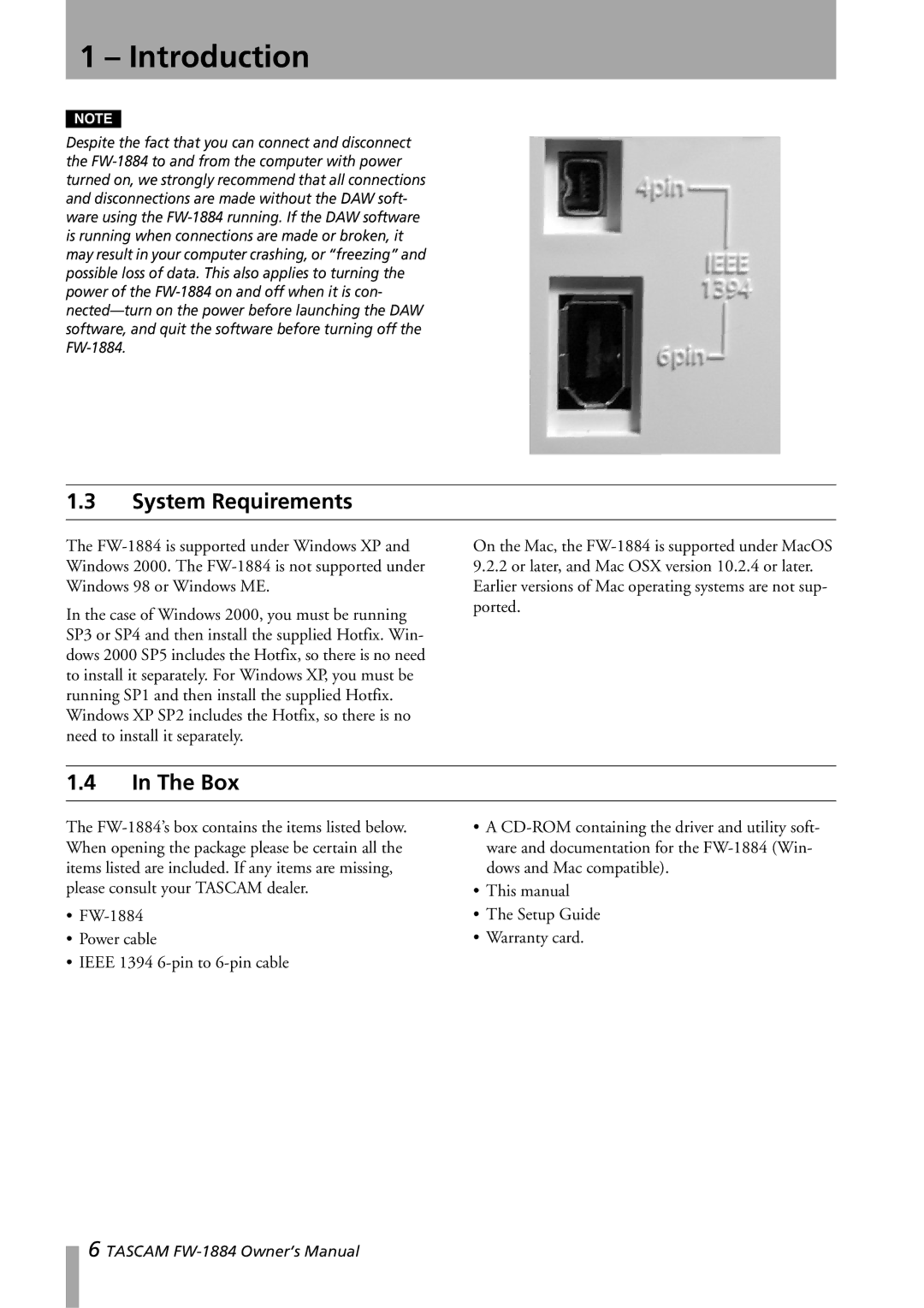 Tascam FW-1884 owner manual System Requirements, Box 